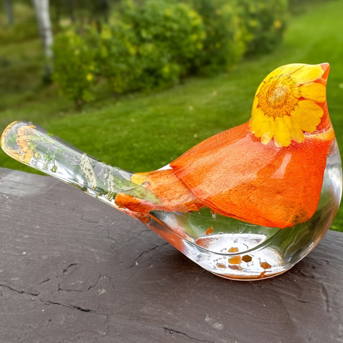 Sunset Bloom Songbird | Orange Rose Resin Bird Decor