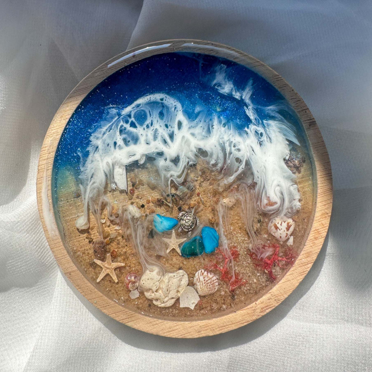 Handmade Ocean Wave Wood Coaster – Unique Coastal Decor with Seashells