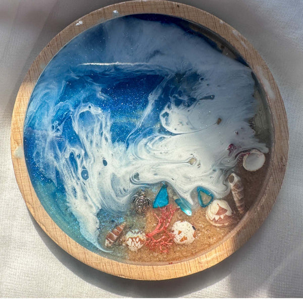 Handmade Ocean Wave Wood Coaster – Unique Coastal Decor with Seashells