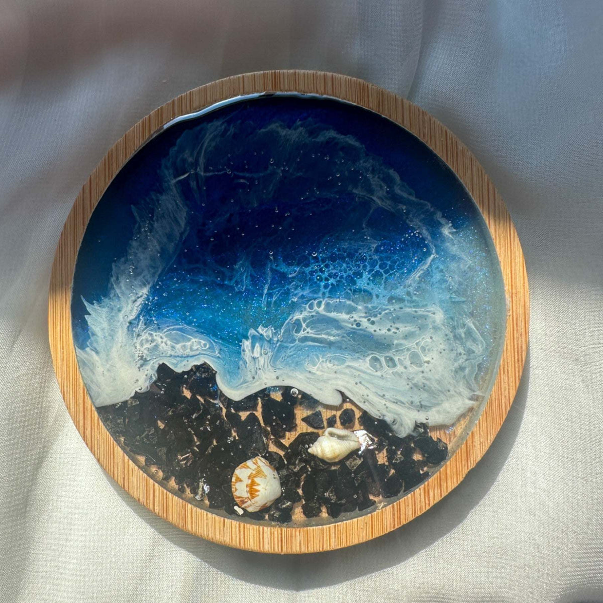 Handmade Ocean Wave Wood Coaster – Unique Coastal Decor with Seashells