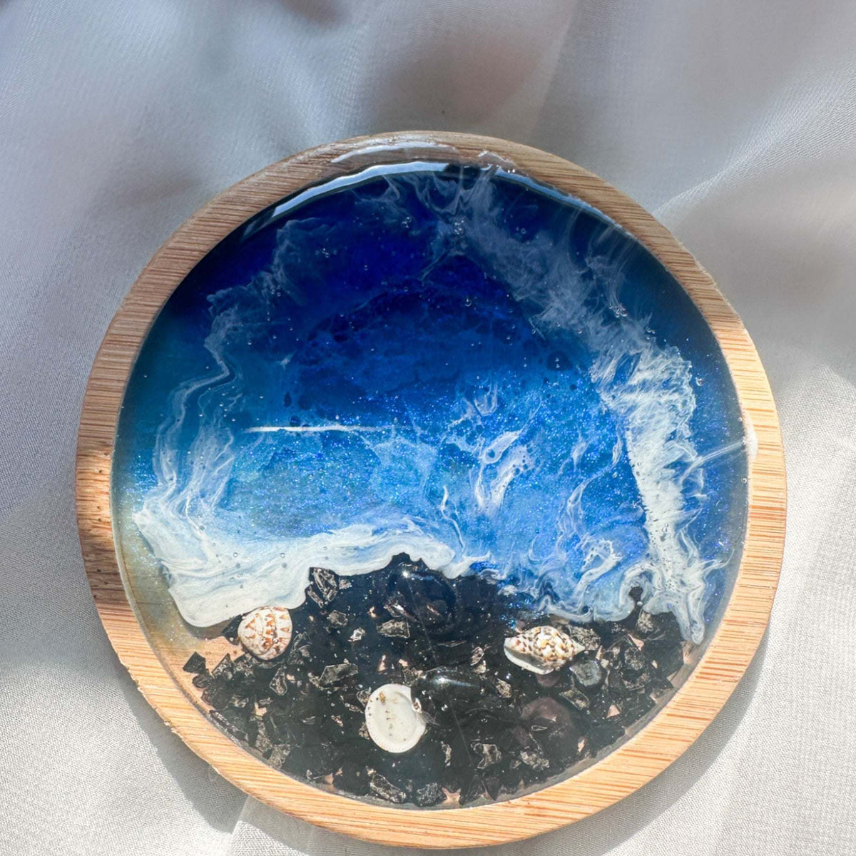 Handmade Ocean Wave Wood Coaster – Unique Coastal Decor with Seashells