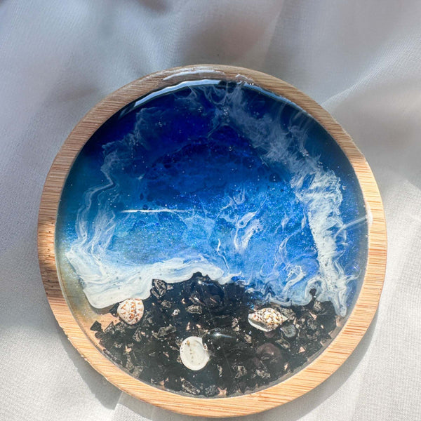 Handmade Ocean Wave Wood Coaster – Unique Coastal Decor with Seashells