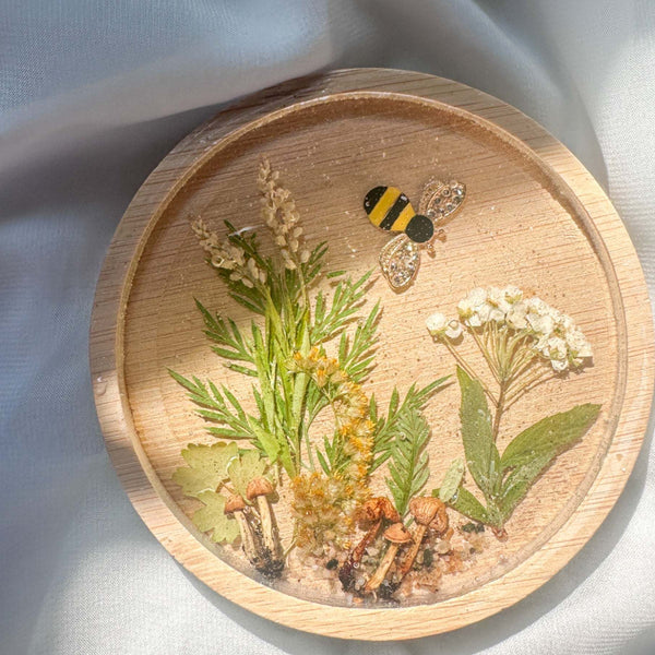 Handmade Boreal Forest Wood Coaster - Tiny Forest Mushrooms & Flowers