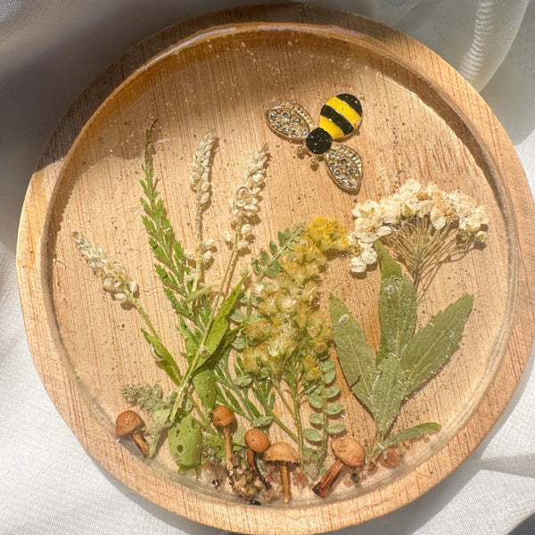 Handmade Boreal Forest Wood Coaster - Tiny Forest Mushrooms & Flowers