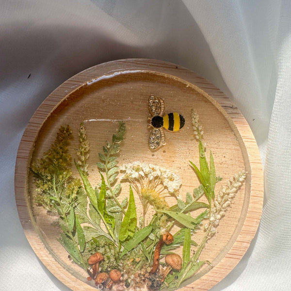 Handmade Boreal Forest Wood Coaster - Tiny Forest Mushrooms & Flowers