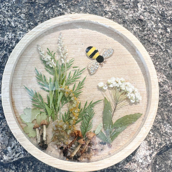 Handmade Boreal Forest Wood Coaster - Tiny Forest Mushrooms & Flowers