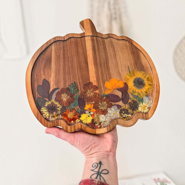 Wooden harvest sunflower pumpkin tray with pressed sunflower, dried botanicals, bee charm, and gold glitter in resin