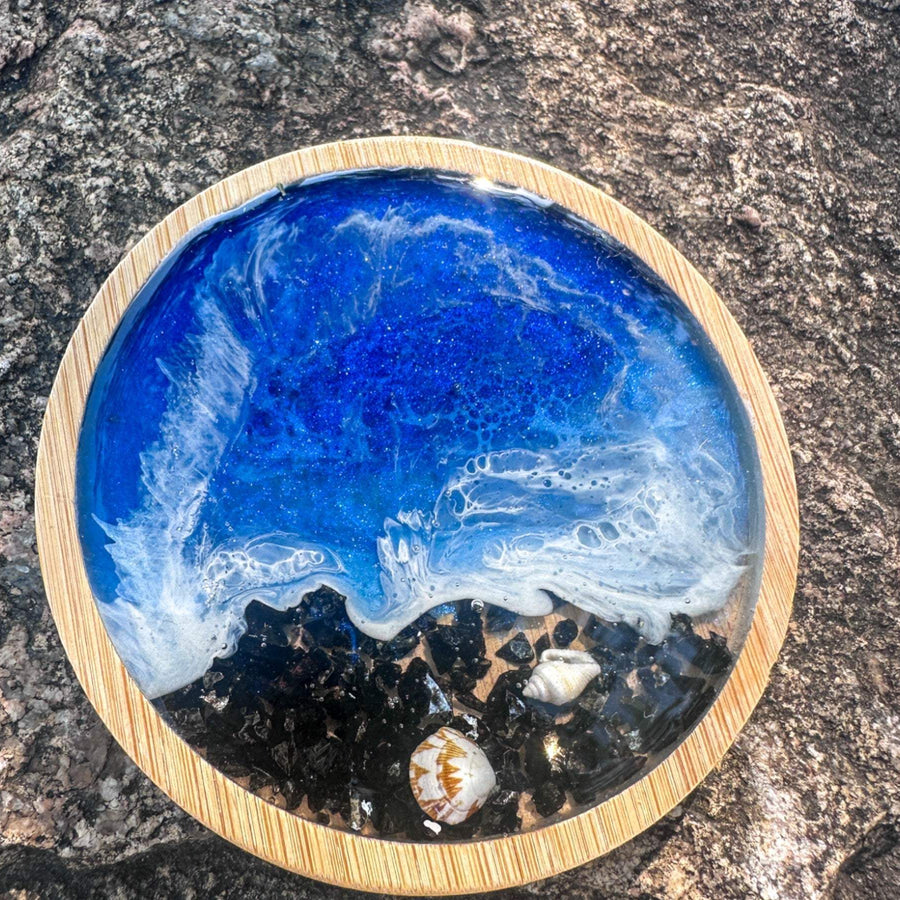 Handmade Ocean Wave Wood Coaster – Unique Coastal Decor with Seashells