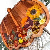Wooden Harvest Sunflower Pumpkin Tray with pressed sunflower, bee charm, and gold glitter accents