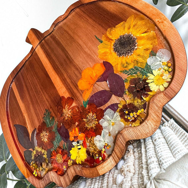 Wooden Harvest Sunflower Pumpkin Tray with pressed sunflower, bee charm, and gold glitter accents