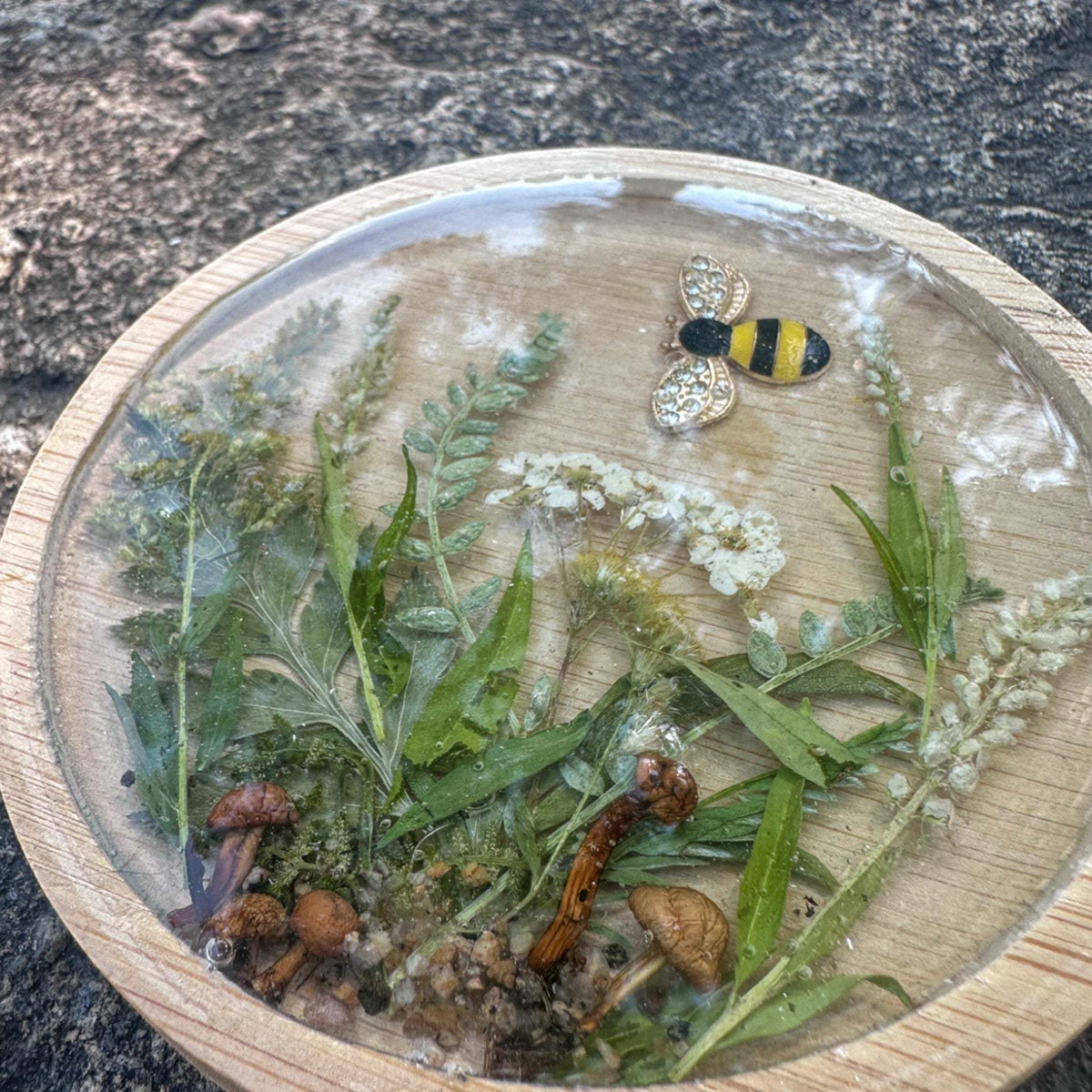 Handmade Boreal Forest Wood Coaster - Tiny Forest Mushrooms & Flowers
