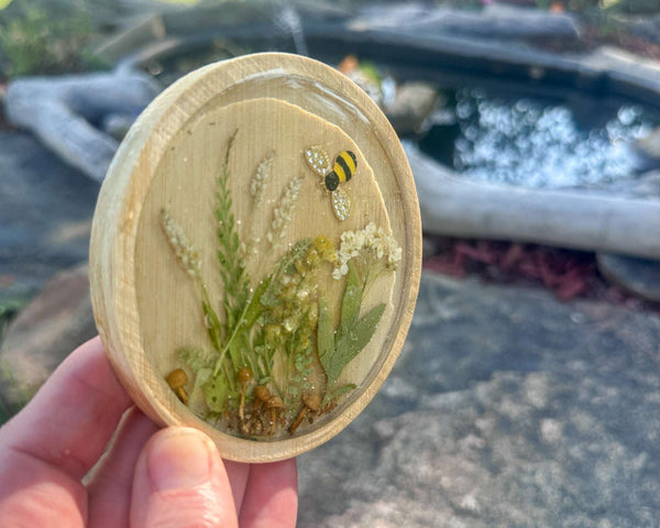Handmade Boreal Forest Wood Coaster - Tiny Forest Mushrooms & Flowers