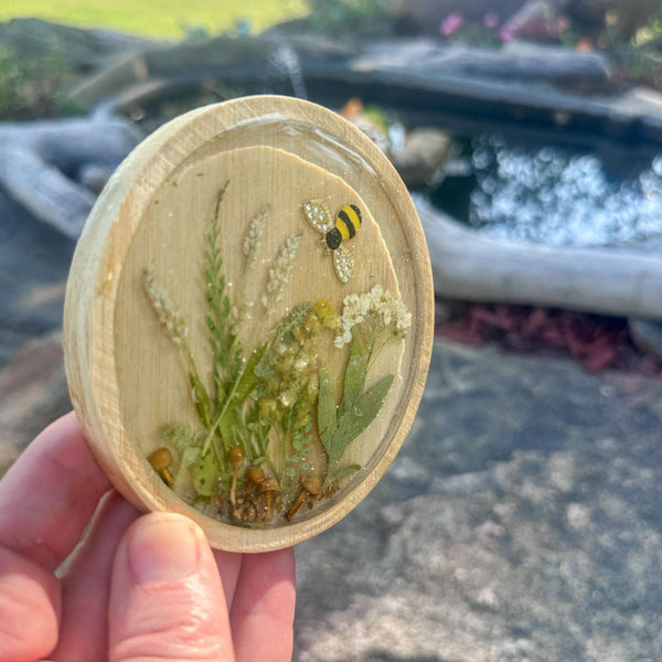 Handmade Boreal Forest Wood Coaster - Tiny Forest Mushrooms & Flowers