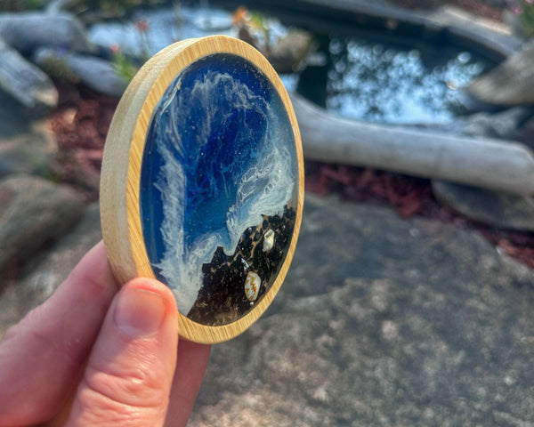 Handmade Ocean Wave Wood Coaster – Unique Coastal Decor with Seashells