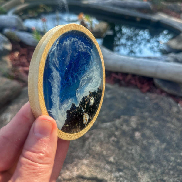 Handmade Ocean Wave Wood Coaster – Unique Coastal Decor with Seashells