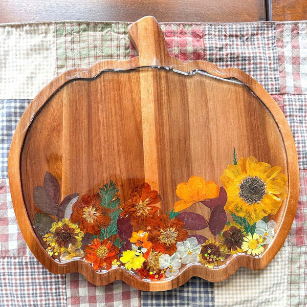 Wooden harvest sunflower pumpkin tray with pressed sunflower, dried botanicals, bee charm, and gold glitter accents