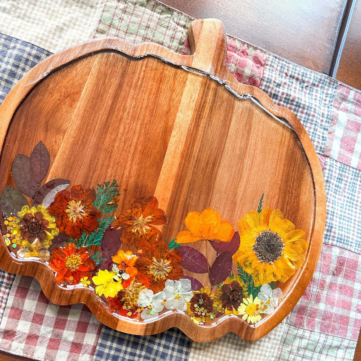 Wooden Harvest Sunflower Pumpkin Tray with pressed sunflower, dried botanicals, and gold glitter accents