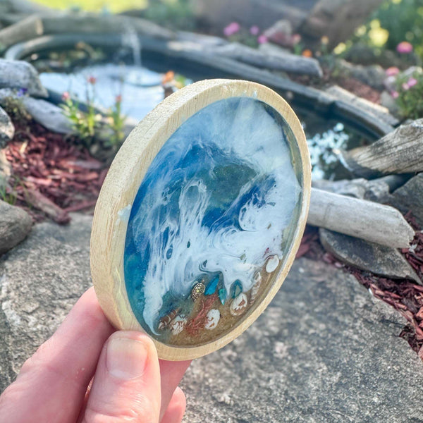 Handmade Ocean Wave Wood Coaster – Unique Coastal Decor with Seashells