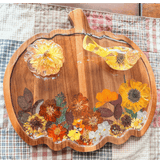 Wooden harvest sunflower pumpkin tray with real pressed sunflower, dried botanicals, bee charm, and gold glitter detail