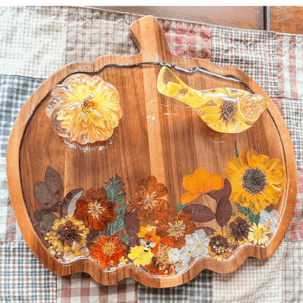 Wooden harvest sunflower pumpkin tray with real pressed sunflower, dried botanicals, bee charm, and gold glitter detail