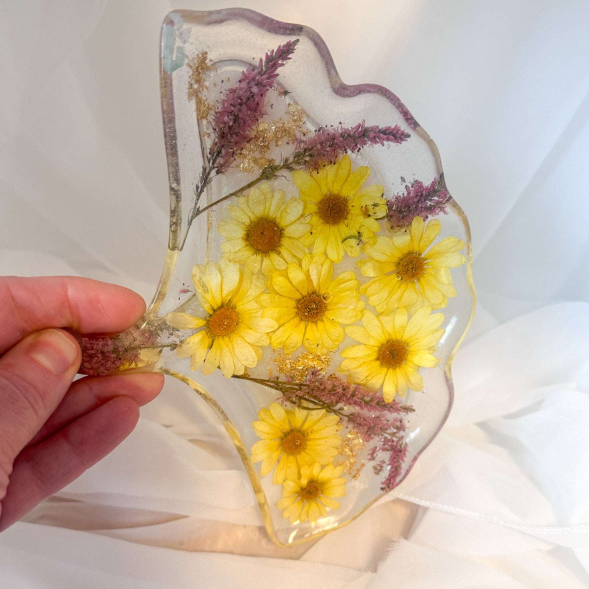 Ginkgo Bloom Tray - Handmade Ginkgo Leaf Resin Tray with Yellow Pansy