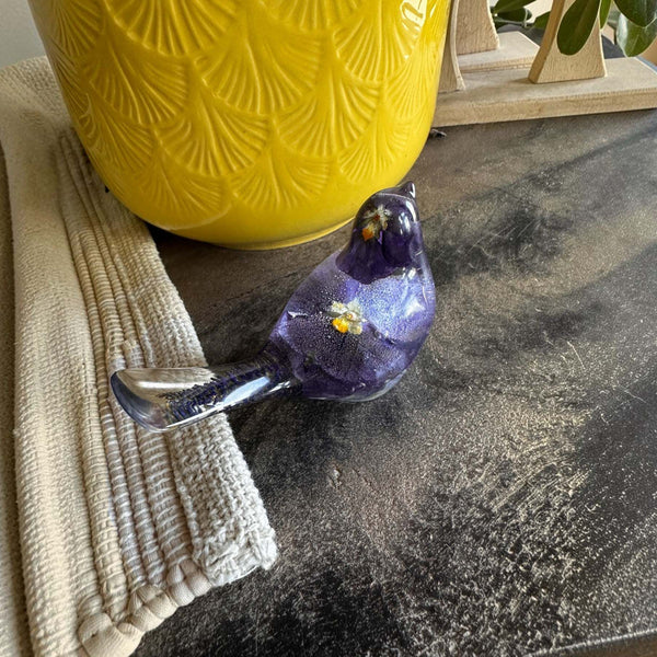 Purple Pansy resin bird decor with real pressed purple pansies and clear resin tail, handcrafted with botanical details.