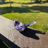 Purple Pansy resin bird decor with real pressed purple pansies in the body and clear tail featuring purple sage details.