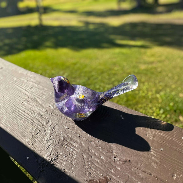 Purple Pansy resin bird decor with real pressed purple pansies in the body and clear tail featuring purple sage details.