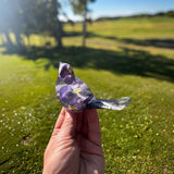 Handheld resin bird decor with embedded real Purple Pansy flowers and clear resin tail, showcasing delicate floral details.