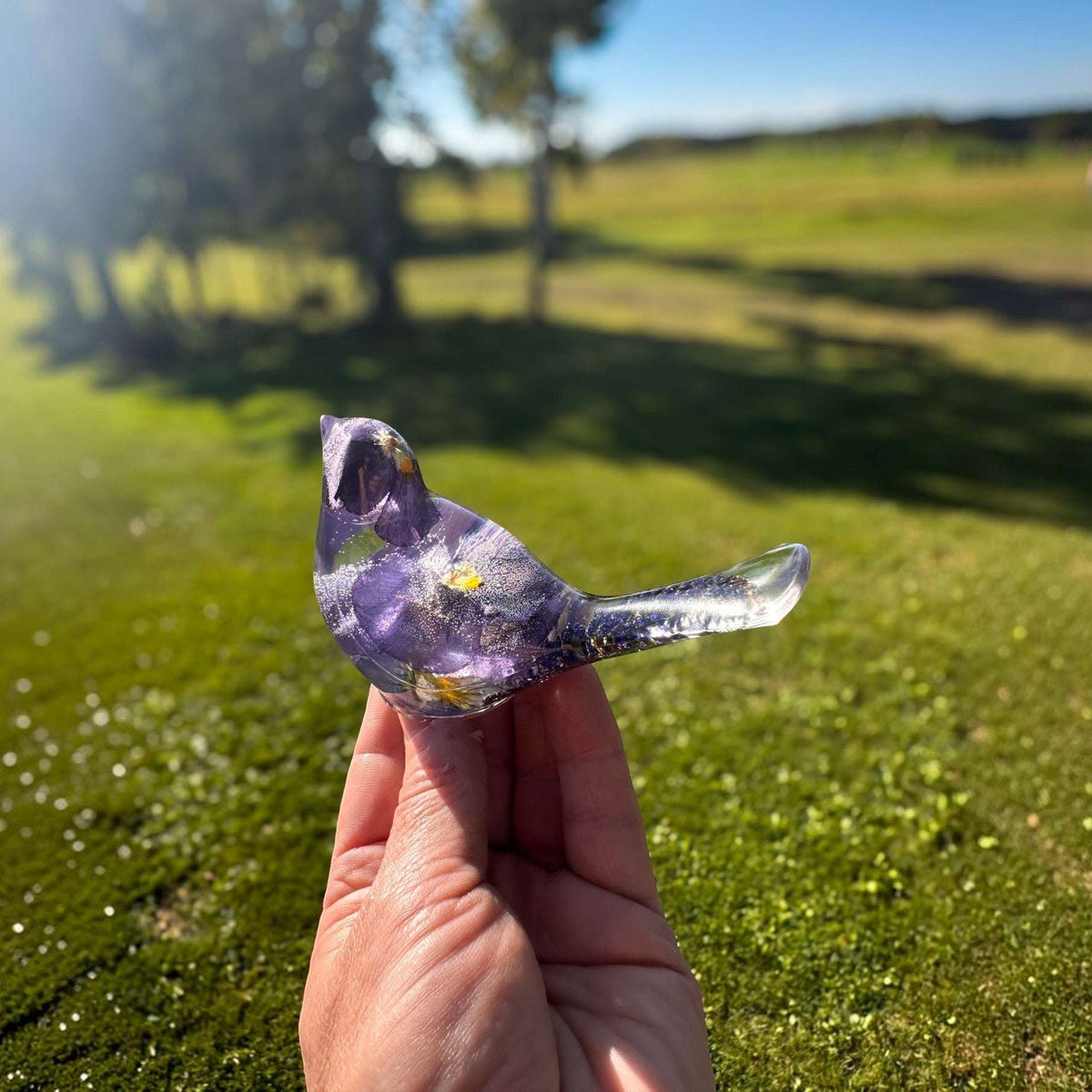 Purple Pansy handmade resin bird decor with real pressed purple pansies and purple sage in clear resin body and tail.