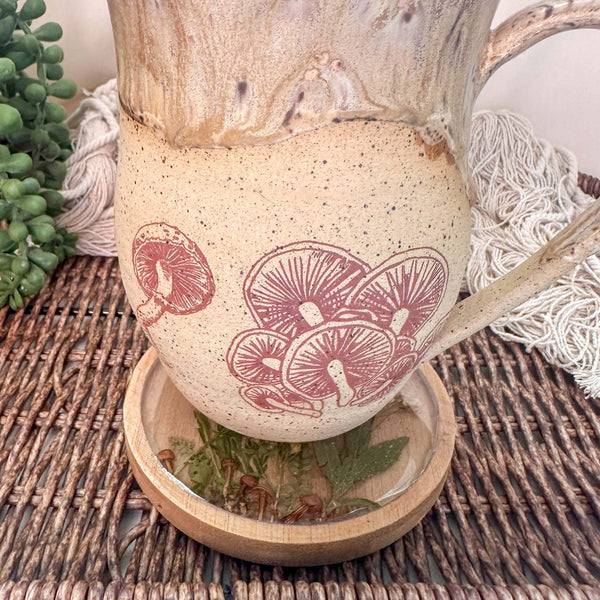 Handmade Boreal Forest Wood Coaster - Tiny Forest Mushrooms & Flowers
