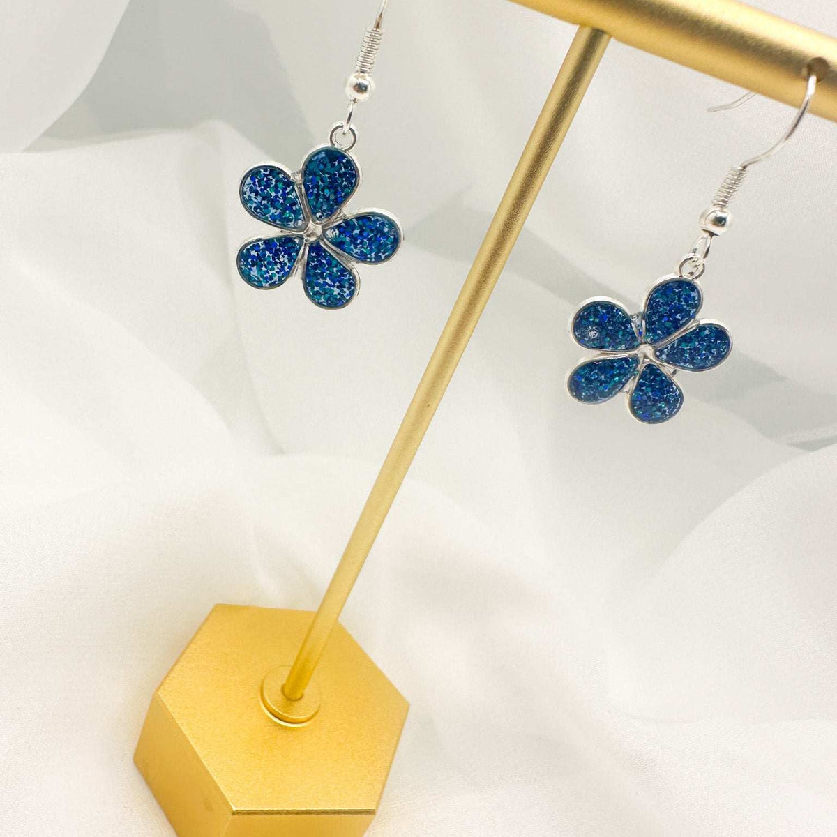 Flower Earrings - Blue Glitter & Silver Frame