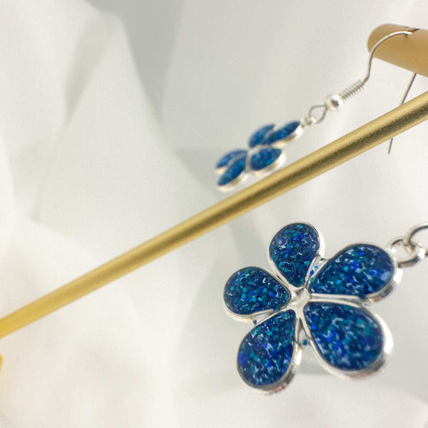 Flower Earrings - Blue Glitter & Silver Frame