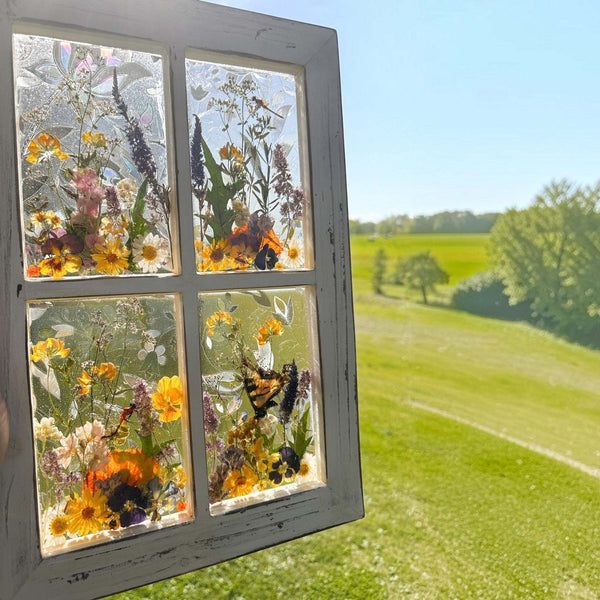 Pressed Flower Window Frame with white distressed wood, four clear resin panes featuring real pressed wildflowers and an ethically sourced butterfly.