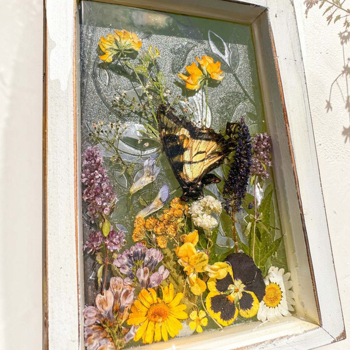 Pressed Flower Window Frame with real yellow, purple, and white dried flowers and a swallowtail butterfly in clear resin, housed in a distressed white wood frame.