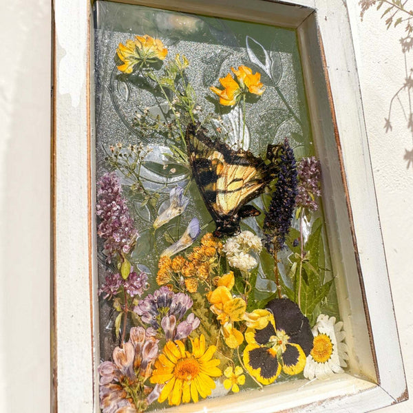 Pressed Flower Window Frame with real yellow, purple, and white dried flowers and a swallowtail butterfly in clear resin, housed in a distressed white wood frame.
