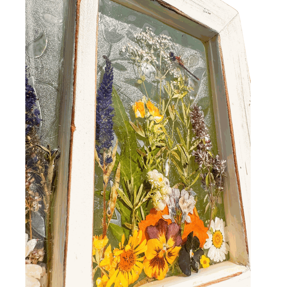 Pressed Flower Window Frame with white distressed wood, clear resin panes featuring real dried yellow, orange, purple flowers and green foliage with dragonflies and butterfly accents.