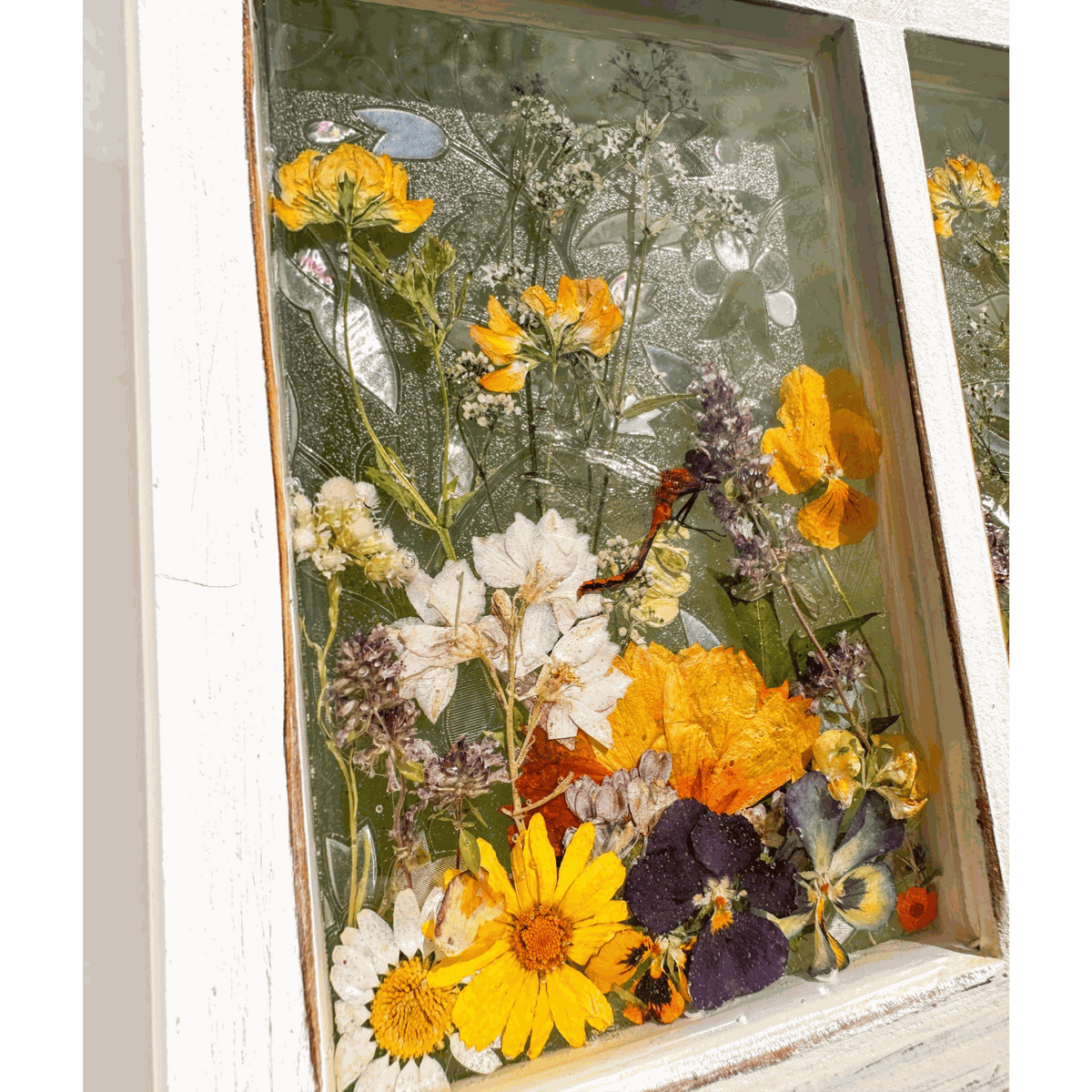 Pressed Flower Window Frame with real yellow, white, and purple dried flowers, set in a distressed white wood frame with holographic backing.