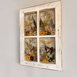 Pressed Flower Window Frame with real dried wildflowers, white distressed wood, four resin panes, and a butterfly and dragonflies embedded.