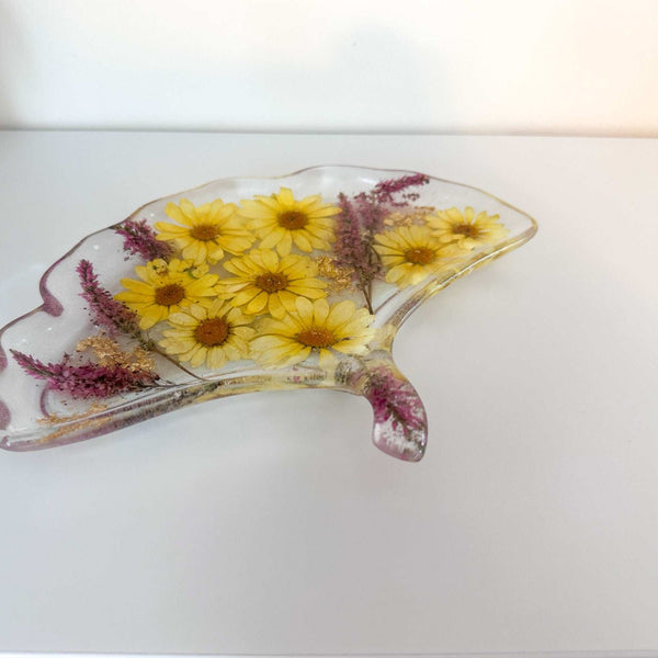 Ginkgo Bloom Tray - Handmade Ginkgo Leaf Resin Tray with Yellow Pansy