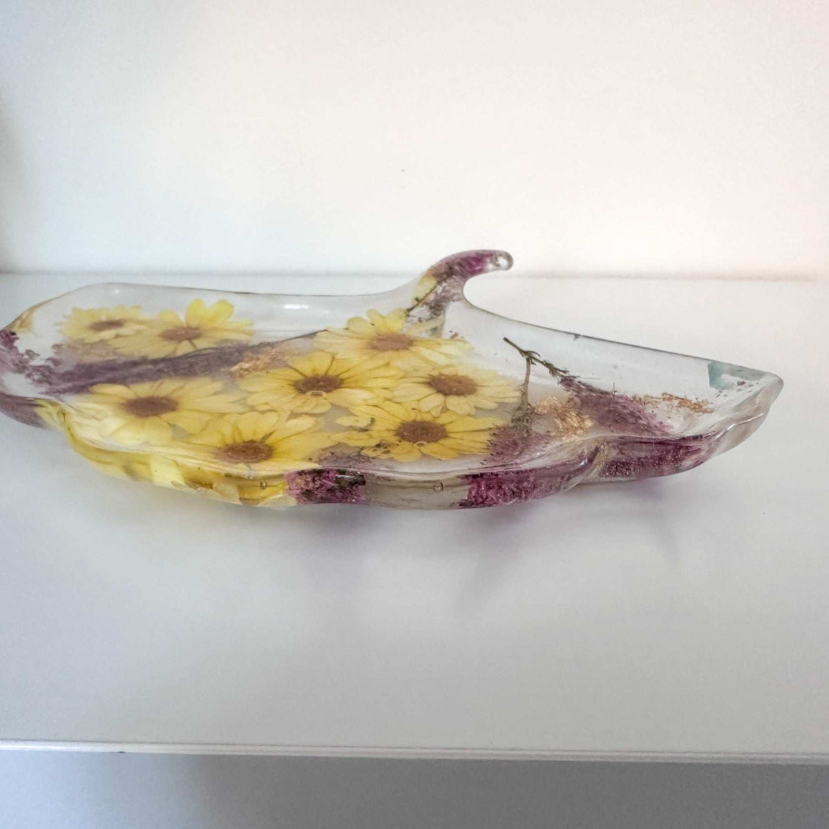 Ginkgo Bloom Tray - Handmade Ginkgo Leaf Resin Tray with Yellow Pansy