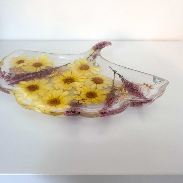 Ginkgo Bloom Tray - Handmade Ginkgo Leaf Resin Tray with Yellow Pansy