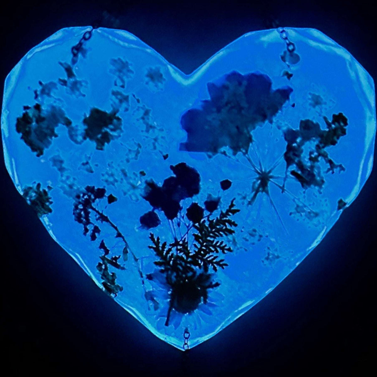 Glow in the dark heart suncatcher in soft blue resin with real pressed wildflowers and fern glowing vibrant blue at night.