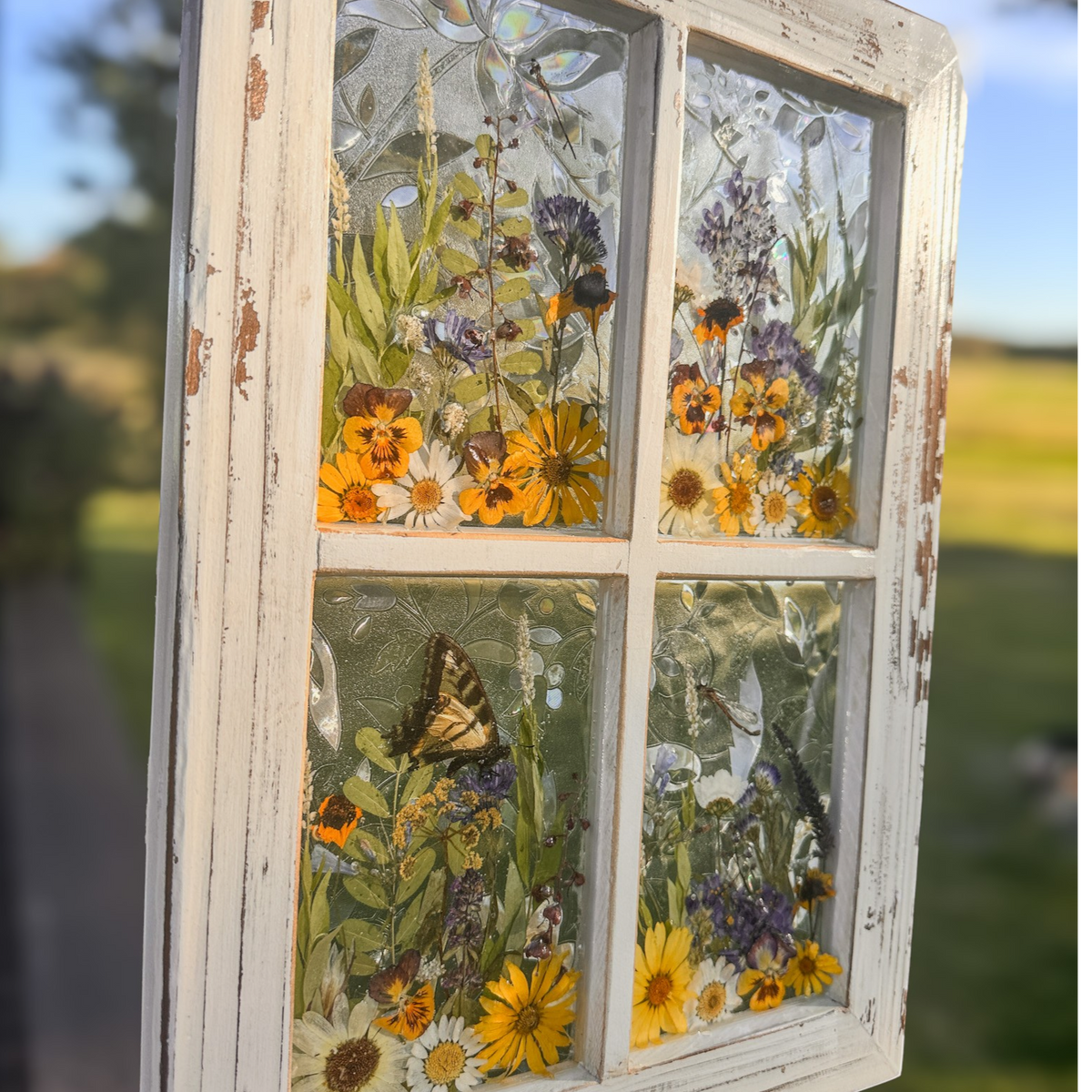Pressed Flower Window Frame with white distressed wood and four resin-filled panes featuring real dried orange, yellow, purple, and white wildflowers with butterfly and dragonflies set on holographic backing.