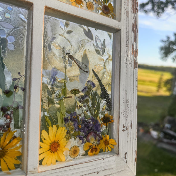 Pressed Flower Window Frame with real dried yellow, white, and purple wildflowers, a swallowtail butterfly, and dragonflies set in resin within a distressed white wood frame