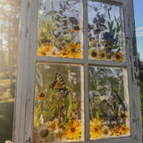 Pressed Flower Window Frame with white distressed wood, featuring real pressed yellow, white, and purple flowers and butterflies in clear resin panes.