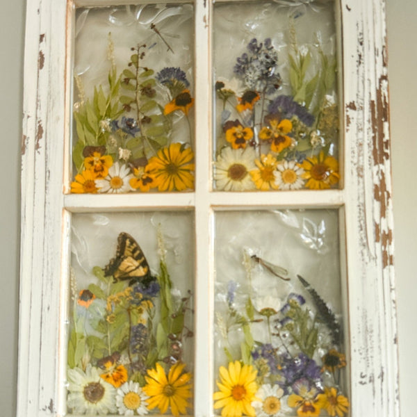 Pressed Flower Window Frame wall art with real dried yellow, white, purple flowers, butterfly, dragonflies in distressed white wood frame