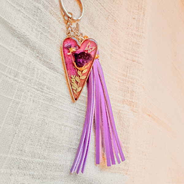 Purple Blossom Heart Bag Charm | Pressed Flower Resin Charm