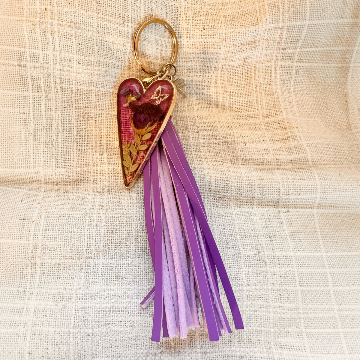 Purple Blossom Heart Bag Charm | Pressed Flower Resin Charm