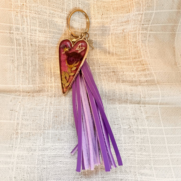 Purple Blossom Heart Bag Charm | Pressed Flower Resin Charm